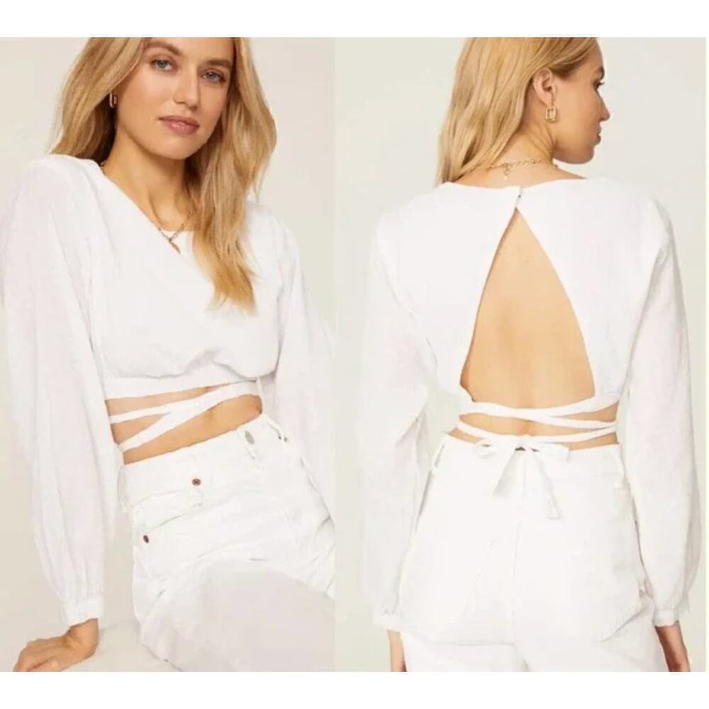 THIRD FORM Cloud Wrap Up Blouse Wrap Around Waist Cropped Open Back White 4
